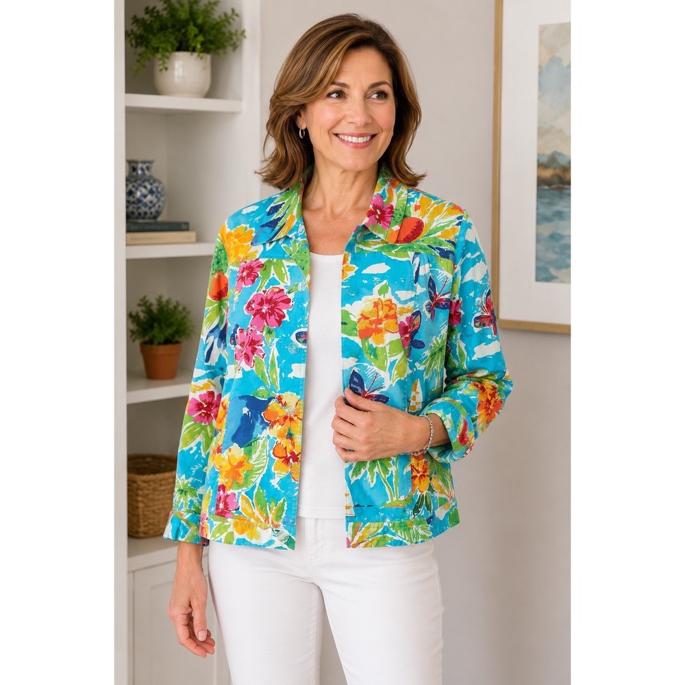 Laura Ashley Petite Tropical Floral Jacket Blue Cotton Stretch Island Print L